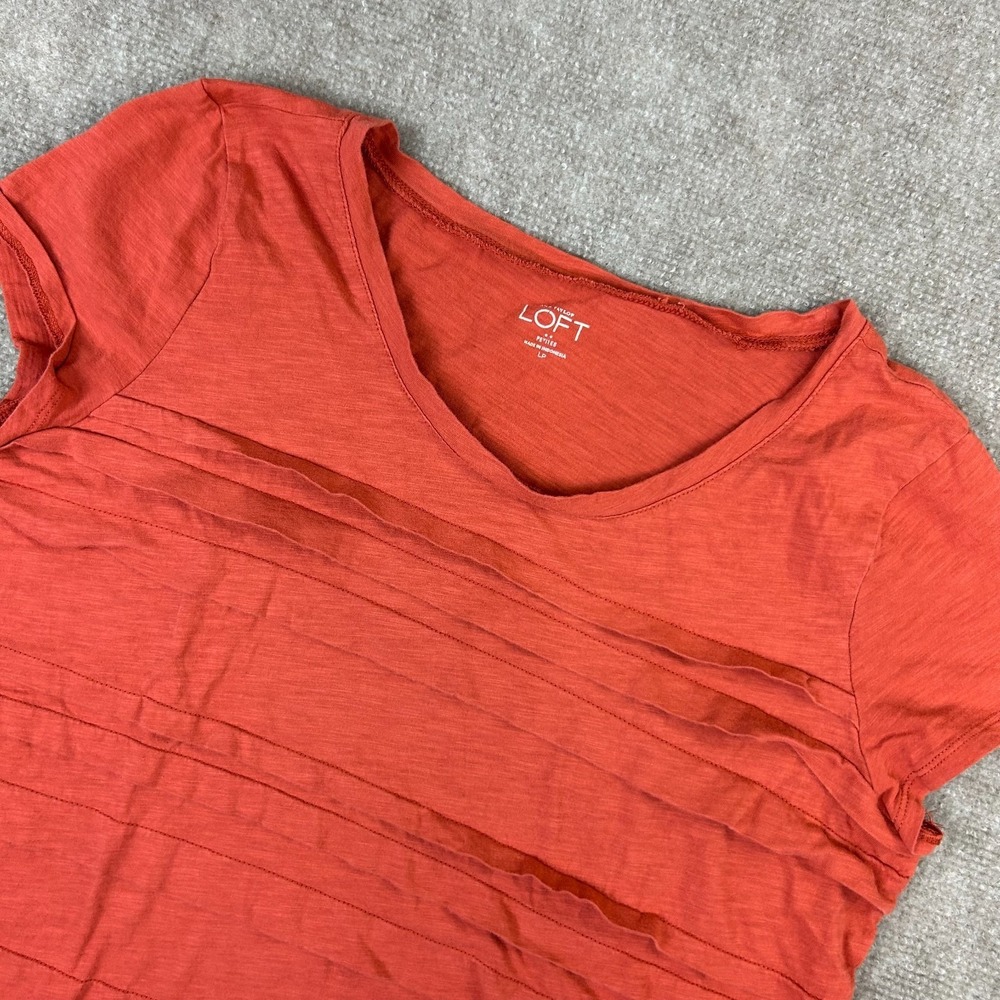 Ann Taylor Loft Top Womens Large Petites Orange Knit Cotton Pleated Scoop Neck